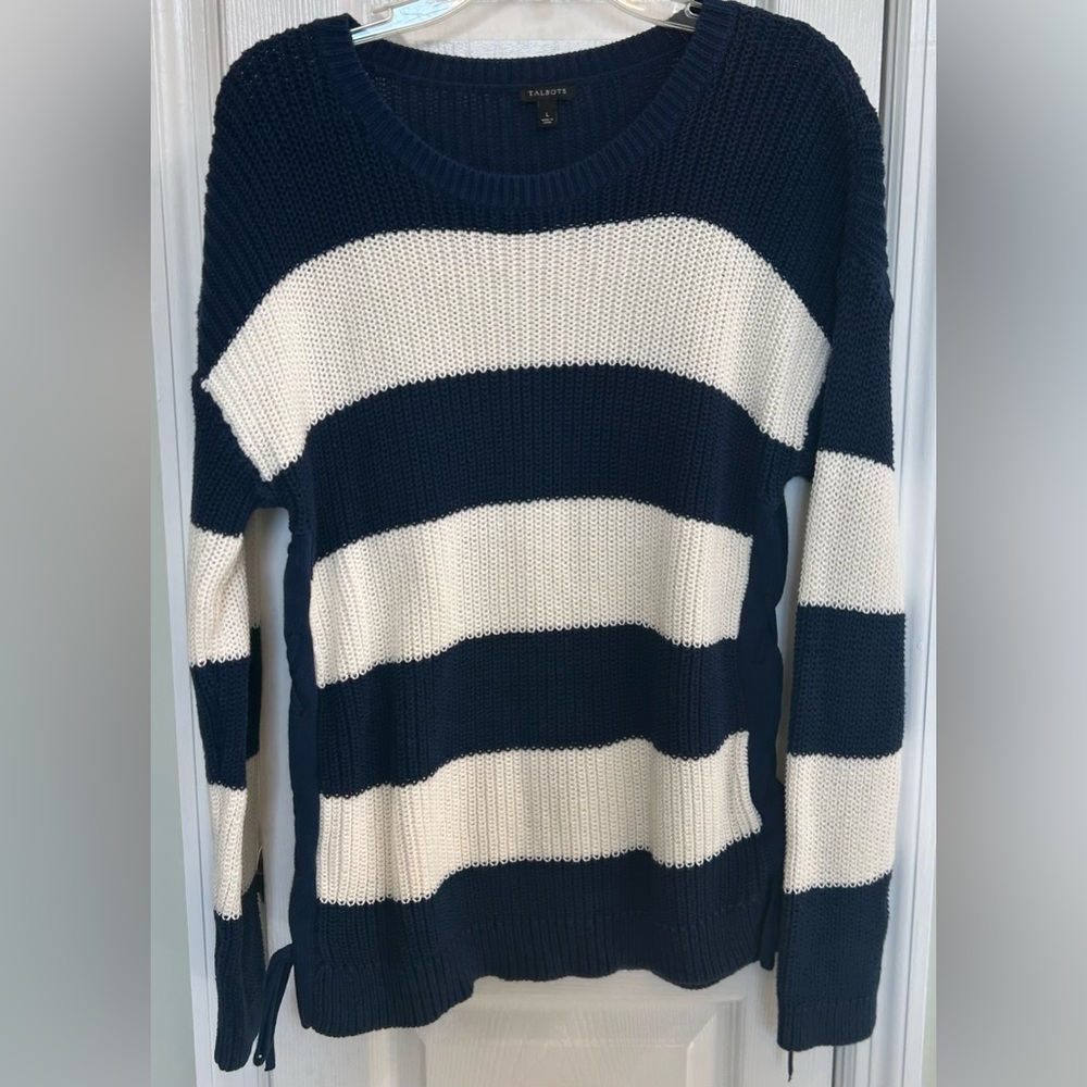 Talbots Navy and white Knit Sweater w/ side ties